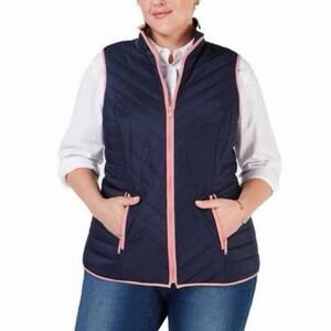 Charter‎ Club Women's Contrast Trim Zip Front Quilted Vest Navy Pink 1X Pockets